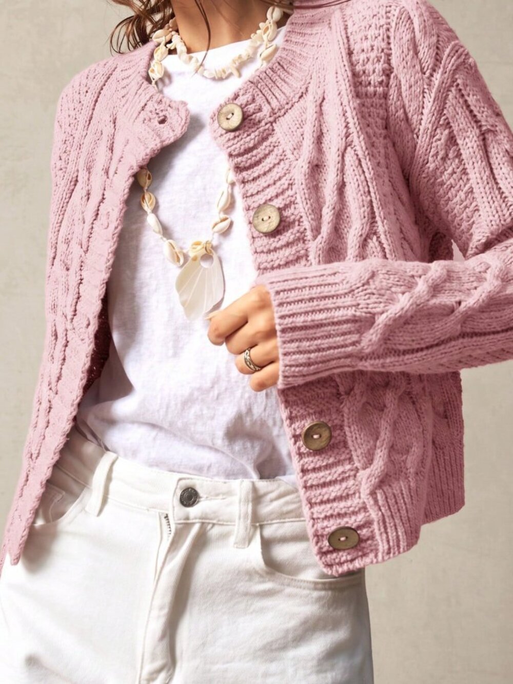 Pink Casual Women's Loose Fit Round Neck Long Sleeve Cardigan